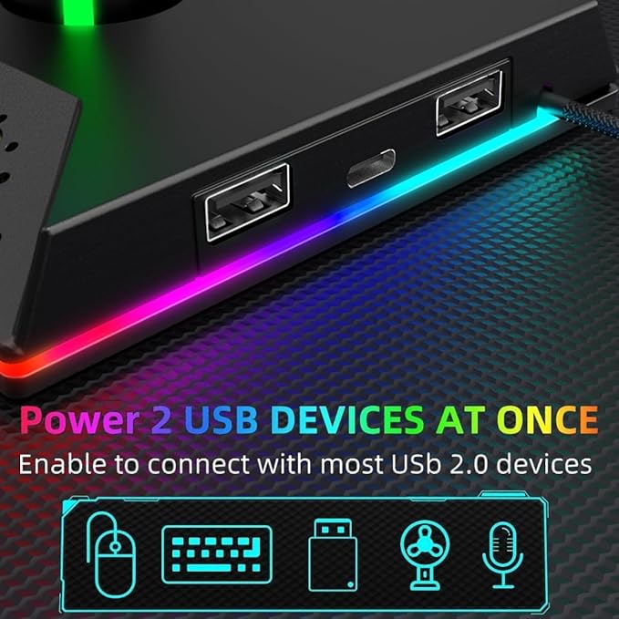 ZNikoyidy Gaming Headphone Stand PC Accessories - RGB Headset Stand with 2 USB Ports,10 Light Modes Headset Holder Suitable for All Earphone Accessories, Gift for Boys Men Gamers