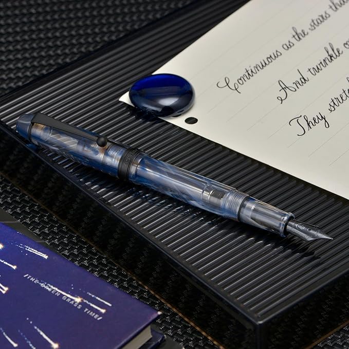 Asvine V126 Vacuum Filling Fountain Pen Matte Black Fine Point, Blue Swirl Acrylic Pen Gift Case