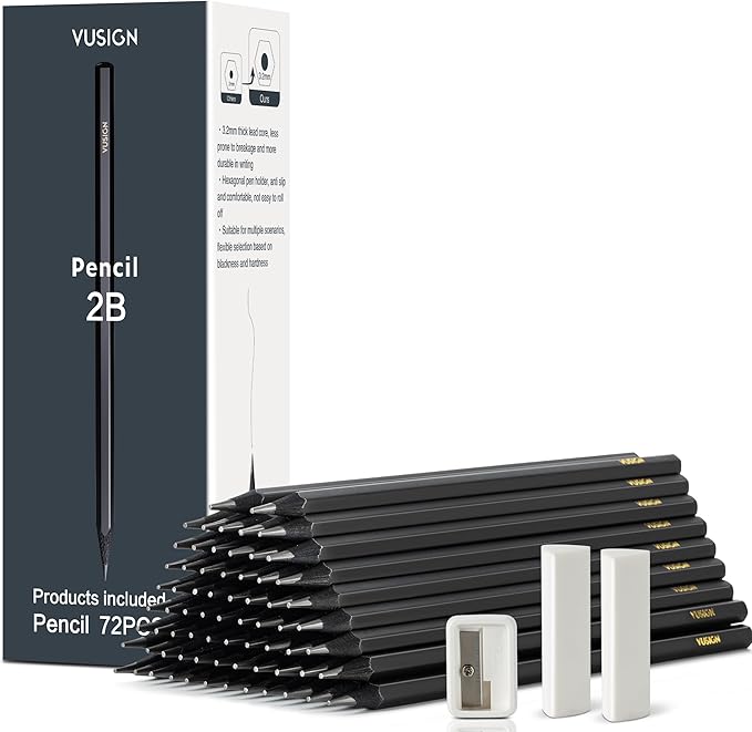 VUSIGN Pencils Bulk - 72 Pack 2B Pre-sharpened Drawing Pencils, With 1 Sharpener & 2 Erasers, for Art,Sketching, Shading, School & Office Supplies, Black