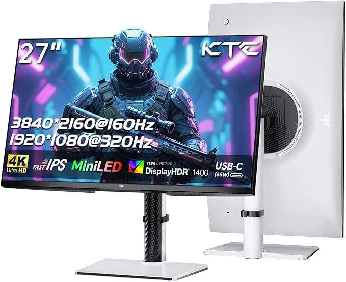KTC 27 Inch 4K MiniLED Gaming Monitor, UHD 3840x2160 Dual Mode (4K 160Hz/FHD 320Hz), HDR 1400, Fast IPS, Type-C 65W, KVM, VESA, Tilt & Swivel & Height Adjustable, White, M27P6