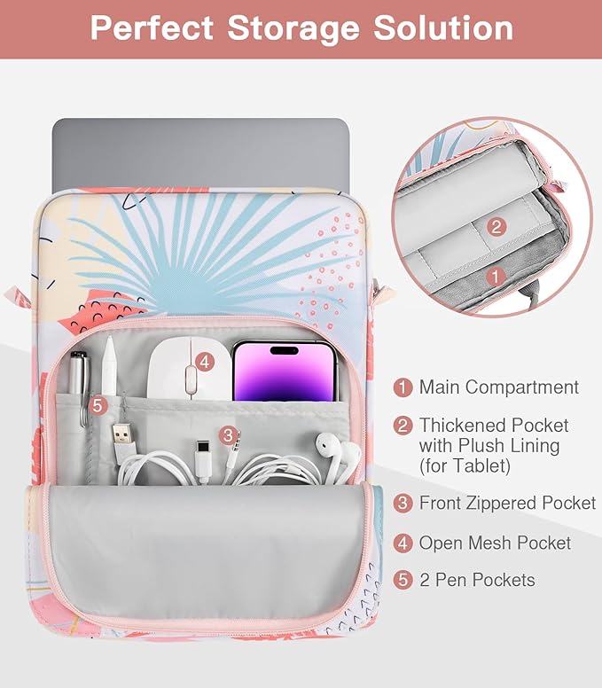 MoKo 13.3-14 Inch Laptop Sleeve Bag Fits MacBook Pro M3/M2 14" 2023, MacBook Pro 13" M2, New MacBook Air 13.6" M3/M2 2024/2022,Tab S8 Ultra 14.6",Handle Carrying Case with Shoulder Strap,Tropical Leaf
