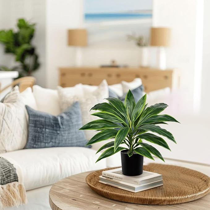Oairse Artificial Plants Indoor with Pot, 18.1" Fake Potted Plants Medium Artificial Dracaena Plant in Black Pot Faux Tropical Plants for Bathroom Living Room Office Desk Shelf Decor