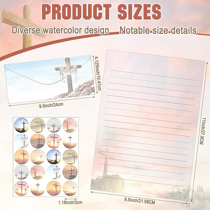 TaoBary 160 Pcs Stationery Paper Set 50 Double Sided Stationery Papers with 50 Matching Envelopes and 60 Round Dot Sticker, 10 Design(Religious Letter with Cross,8.5 x 11 Inch)