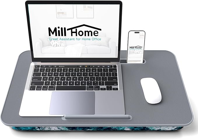 Millhome Lap Desk | Portable Laptop Desk – Fits Up to 17.3" Laptops –Detachable & Washable, Phone Holder, Device Ledge – for Writing, Working, Reading on Bed, Couch, Sofa, Floor – Blue Waves