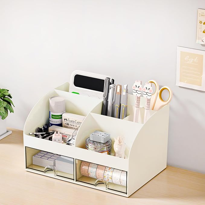 Desk Organizer with 6 Compartments and 2 Drawers, Plastic Makeup Organizer, Pen Holder for Desktop Storage, Desk Organization for School, Home, Office Supplies (Ivory)