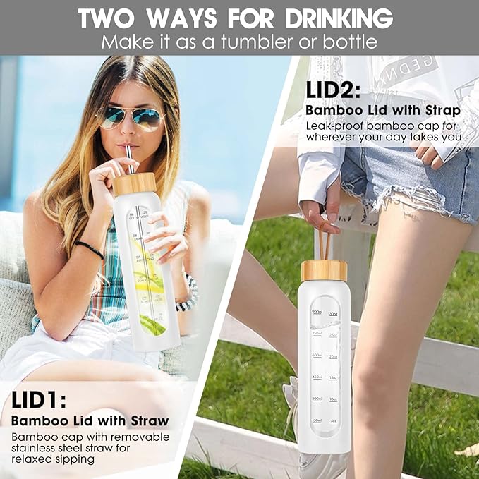 32 oz Glass Water Bottle with Straw - Motivational Time Marker & Silicone Sleeve - Reusable Tumbler Includes 2 Bamboo Lids & Fruit Infuser - 1 Pack