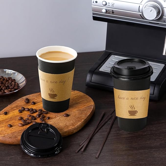 Lamosi 12 OZ Coffee Cups with Lids 500 Pack, Disposable Paper Hot Cups with Lids, Stir Sticks and Sleeves for TO GO Drinks and Hot Beverages