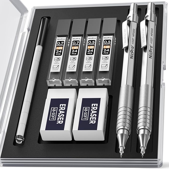 Nicpro 2 PCS Mechanical Pencil 0.5mm & 0.7 mm with Case, MP1000 Metal Artist Pencil Set with 4 Tubes HB Lead Refills, 2 Erasers, 9 Eraser Refills For Art Writing Drafting, Drawing, Sketch, Silver