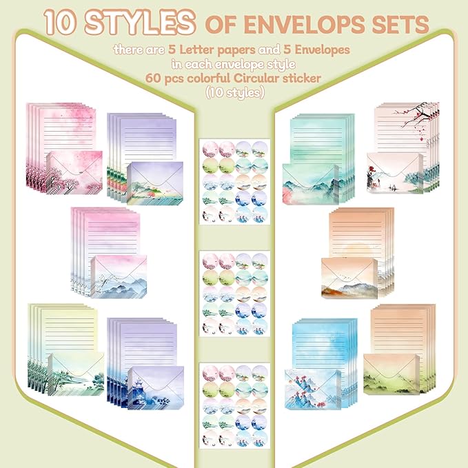 TaoBary 160 Pcs Stationery Paper Set 50 Double Sided Stationery Papers with 50 Matching Envelopes and 60 Round Dot Sticker, 10 Design(Ink Painting,5.5 x 8.25 Inch)