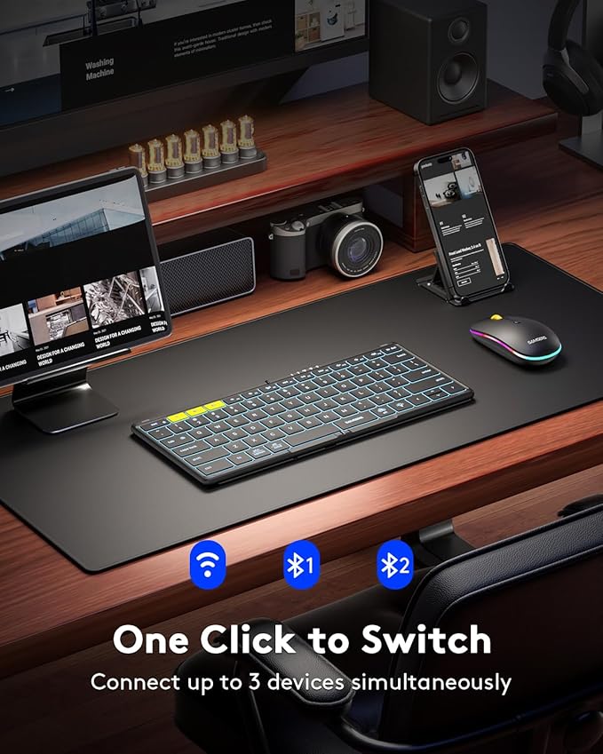 Foldable Keyboard and Mouse, Samsers KM08X Folding Bluetooth Keyboard Mouse Combo with Backlight, 2.4G + BT5.0 x 2, Full-Size Travel Keyboard & Portable Wireless Mouse for Windows iOS Mac OS Android