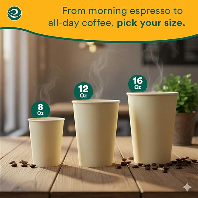 ECO SOUL 200 Pack 8 oz Disposable Coffee Cups Eco-Friendly, Biodegradable, Compostable, Leak-free & Sturdy To Go Hot Drink Travel Bagasse Cup for Tea, Chocolate, Party, Picnic & Cafe, Office & Home