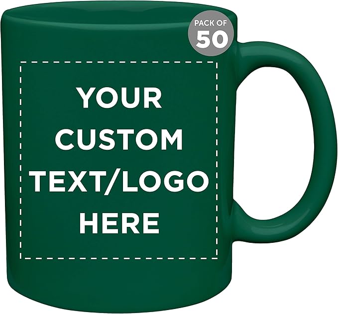 Custom Ceramic Coffee Mugs 11 oz. Set of 50, Personalized Bulk Pack - Coffee cup set, Iced coffee cup, Gaming mug - Green