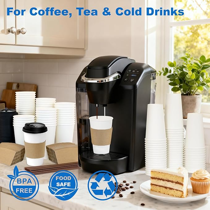 Coolcap 16 oz 100 Pack Coffee Cups with Lids and Sleeves, Straws, Hot Disposable To Go Travel Paper Cups Bulk for Office, Home Coffee Bar Accessories, Chocolate, Cocoa, Beverage (White)