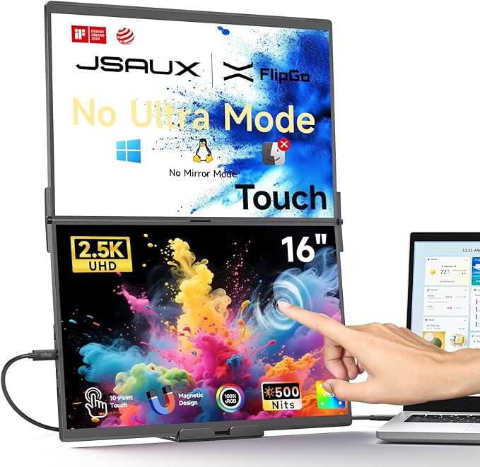 JSAUX FlipGo Touchscreen 16" Dual Portable Monitor, 2.5K Triple Laptop Touch IPS Screen Foldable Extender for Laptop[for Windows/Linux] One Cable to Dual/Magnetic Design/Built-in HUB/HiDPI Display