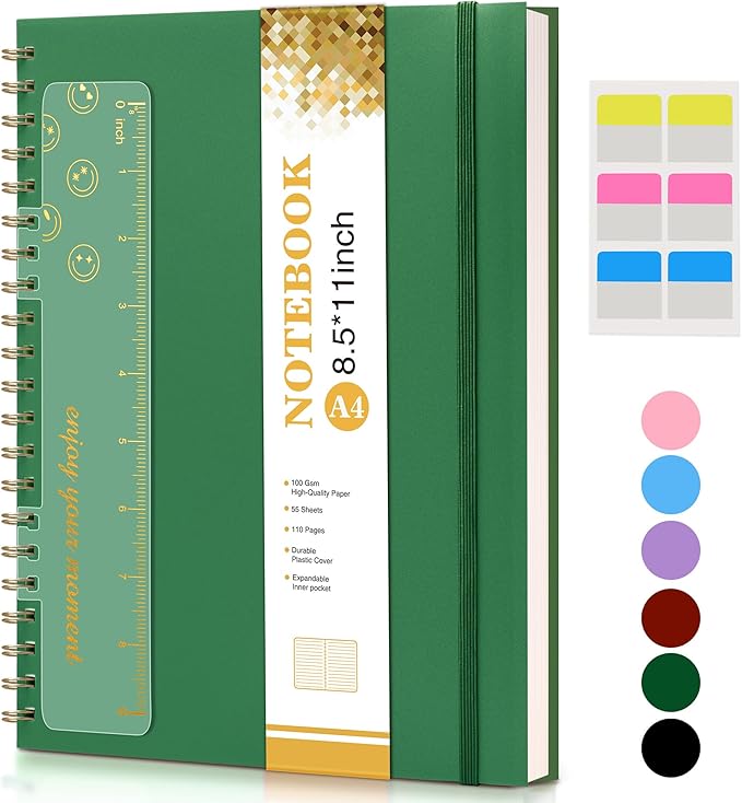 Spiral Notebook Journal 8.5” x 11”, A4 Large Notebooks for Women Men, College Ruled Lined Journal, 100 GSM Paper, Hardcover Spiral Bound Journals for Work School Writing Note Taking Business, Green