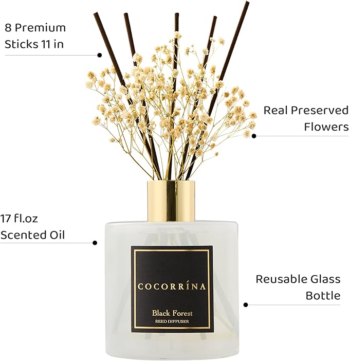COCORRÍNA Reed Diffuser - Black Forest 17 Fl.oz Reed Diffuser with 8 Sticks Scented Diffuser with Preserved Flowers for Bathroom Home Decor