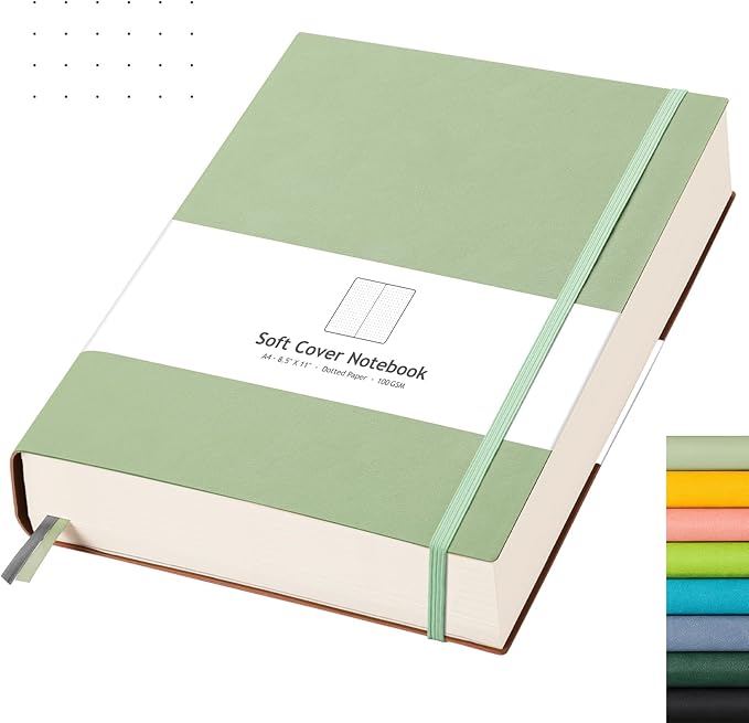 AHGXG Bullet Dotted Journal - Large A4 Notebook Dotted, 8.5''×11'', 320 Pages Dot Grid Notebook, 100gsm Thick Paper, Leather Softcover, with Journal Stencils, Inner Pocket - LightGreen