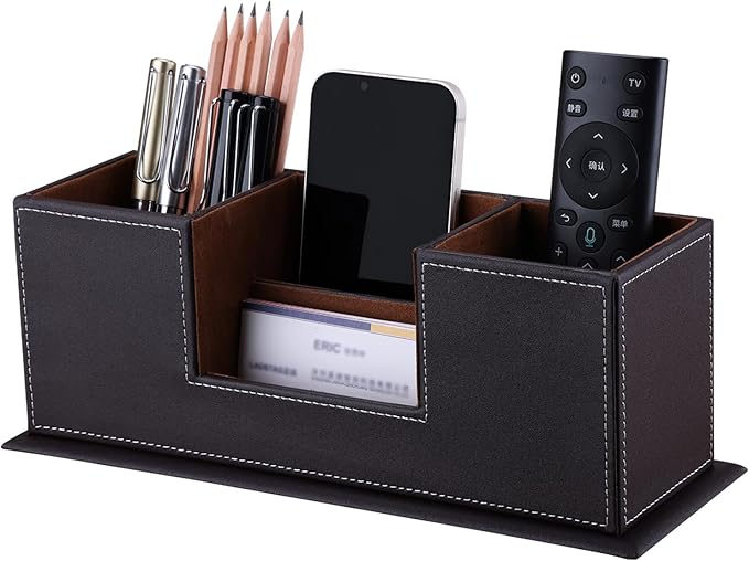 KINGFOM™ Double Holder Wood Leather Multi-Function Desk Stationery Organizer Dark Brown