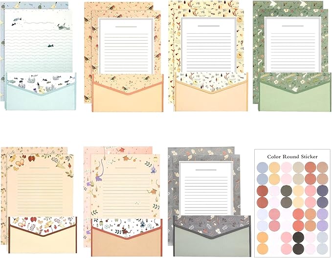 64 Pcs Stationery Paper Envelopes Set Includes 42 Lined Writing Paper & 21 Envelopes with 48 Colorful Round Dot Stickers, Cute Vintage Floral Letter Writing and Stationery Paper Envelopes(7Style)