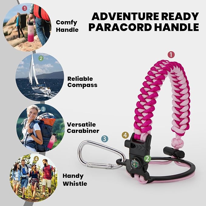 Insulated Water Bottle 40 oz, Triple Wall Vacuum Stainless Steel (Cold for 48 Hrs), Leak Proof & Non-BPA, Modern Water Flask Jug with Paracord Handle & Straw Spout Lids, Ombre Pink