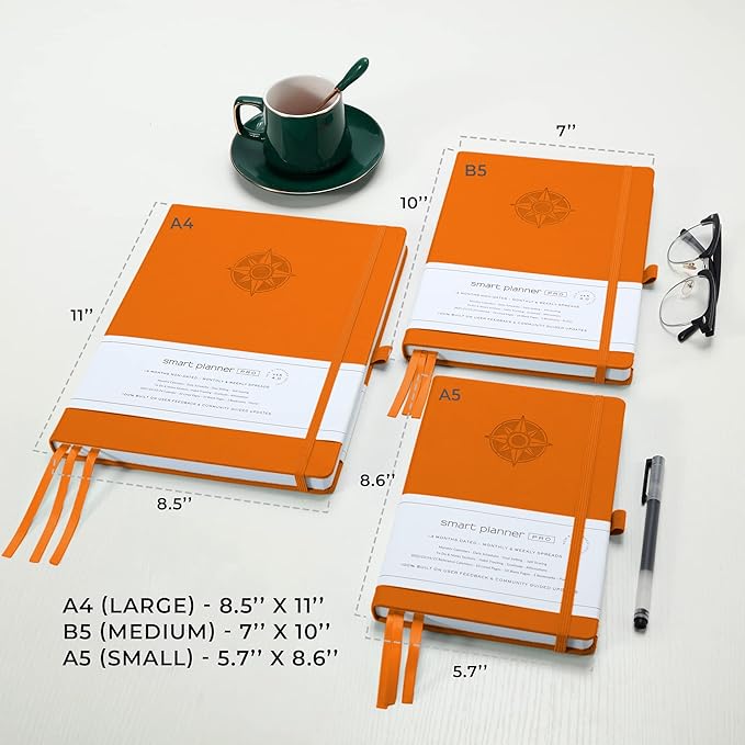 Smart Planner Pro – Undated Daily Planner – Small A5 – Achieve Goals & Increase Productivity – Weekly, Monthly, Work Sections, Organizer Diary with Back Pocket, 3 Satin Bookmarks & Pen Holder