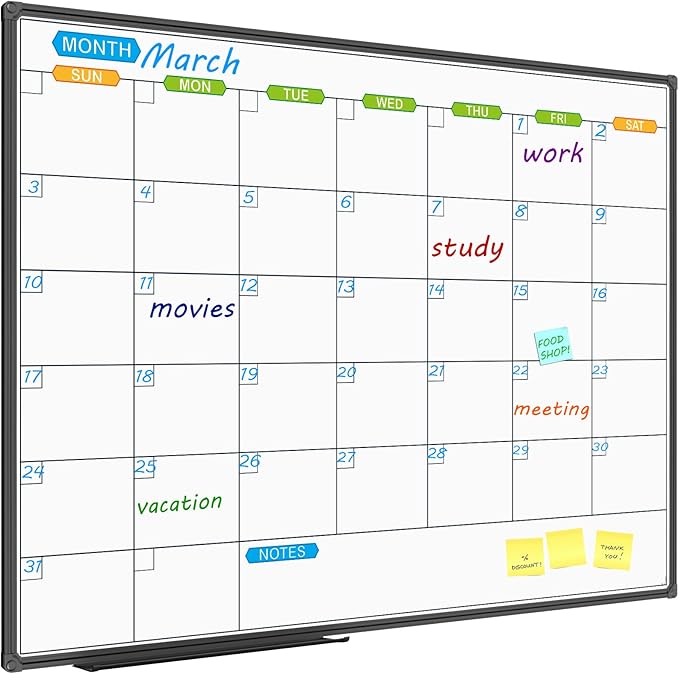 JILoffice Dry Erase Calendar Whiteboard 48 X 36 Inch - Magnetic White Board Calendar Monthly, Black Aluminum Frame Wall Mounted Board for Office Home and School