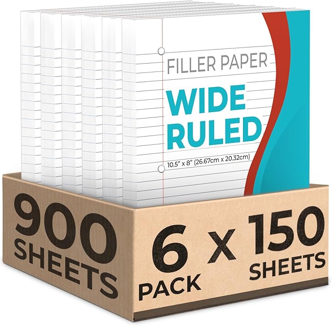 Rosmonde Loose Leaf Paper, 900 Sheets, 6 Pack, Wide Ruled, 8" x 10.5", 56 gsm Bulk Office Filler Sheets, 3 Hole Punched, 150 Sheets/Pack, Wide Ruled for 3 Ring Binder, Notebook Paper, White