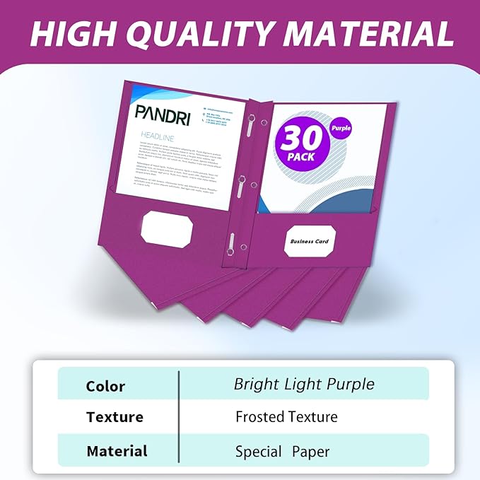 Two Pocket Folders, PANDRI 30 Pack Two Pocket Folders with Prongs, 3 Prong Folders Designed for Office and Classroom, Letter Size Purple