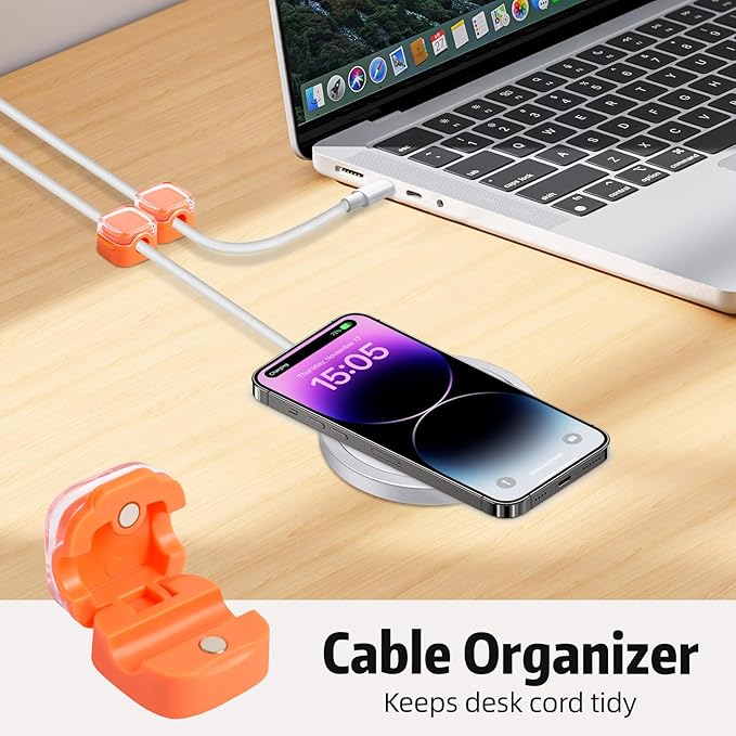 Magnetic Cable Clips Cord Organizer Holder, 6 Pack Adhesive Wire Holder Keeper Organizer USB Charging Cable Storage Holder for Home Office Phone Car Wall Desktop Nightstand Kitchen (Orange)