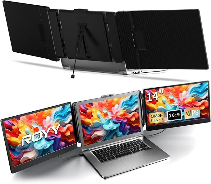 ROYY Laptop Screen Extender Triple Monitor - 14" 1080P Portable Monitor FHD Attachment Extra Screen Compatible with Windows Mac Dex Chrome Travel Work Fits 13-17" Laptops