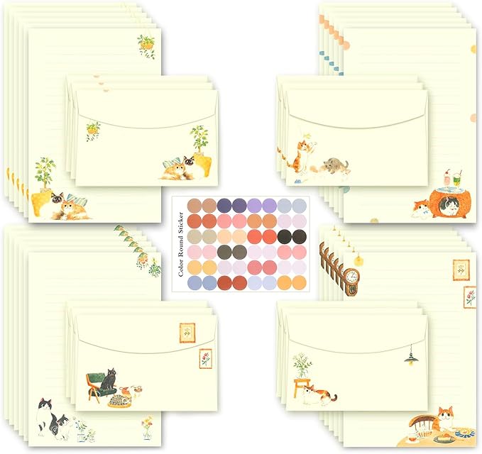 37 Pcs Stationery Paper Envelopes Set Includes 24 Lined Writing Paper & 12 Envelopes with 48 Colorful Round Dot Stickers, Cute Vintage Cat Letter Writing and Stationery Paper Envelopes(4Style)