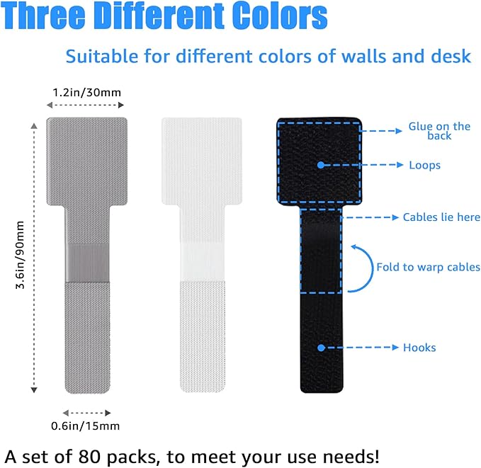80PCS Hook and Loop Cable Ties, Hook and Loop Cable Straps, Under Desk Cable Management, Adhesive Cable Clips, Sticky-Back Cord Organizer for Desk, Household & Office Organization (Black+Gray)