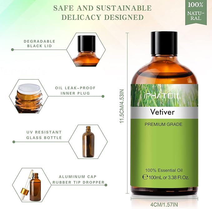 Vetiver 3.38fl.oz Essential Oil, PHATOIL Pure Aromatherapy Oils for Diffuser, Humidifier, Perfect for DIY Soap, Candle, Bath Bombs Making(100ml)