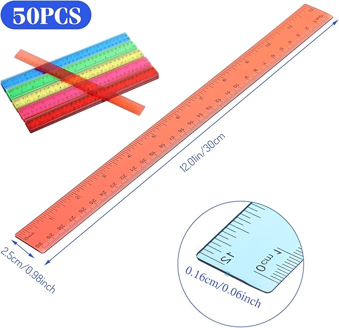 Zonon 50 Pcs 6 Inch/12 Inch Plastic Rulers Bulk Flexible Straight Rulers with Inches Centimeters First Day of School Gift Students Back to School Office Home Supplies(Clear Colorful,12 Inch)