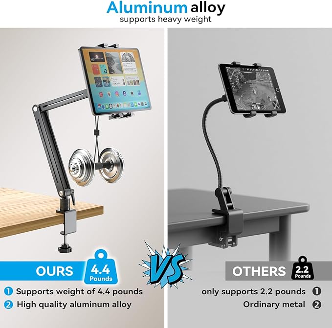 Adjustable Portable Monitor Stand 15.6" - 360° Rotating Base Tall Tablet Desk Arm Holder Stand for iPad Air/Pro/Mini Swivel Flexible Bed Clamp Mount Soporte para Tablet/Monitor Portatil/Ereader