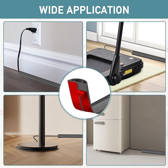 Floor Cord Cover Self Adhesive Cord Hider Floor Extension Cord Covers for Floor Power Cord Protector Cable Management Prevent Cable Trips Cable Cavity 0.51" W x 0.31" H (Deep Grey Wood, 10Ft)