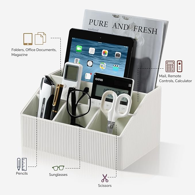 Cretkhp Remote Control Holder with 5 Compartments for Office Art Supplies, PU Leather Nightstand Organizer Pencil Pen Desk Caddy for Home, Desktop TV Remote Control Organizer Storage (Striped Ivory)