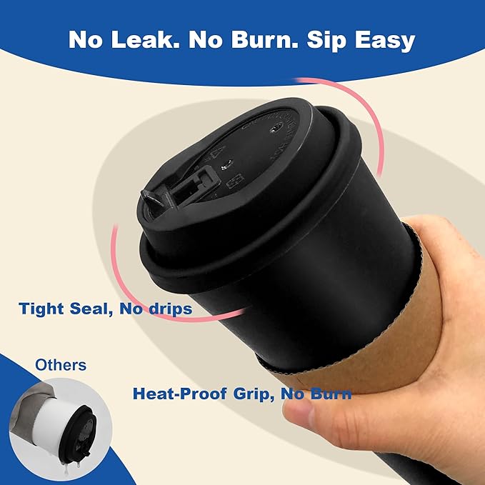 Coolcap 16 oz 100 Pack Coffee Cups with Lids and Sleeves, Straws, Hot Disposable To Go Travel Paper Cups Bulk for Office, Home Coffee Bar Accessories, Chocolate, Cocoa, Beverage (Black)