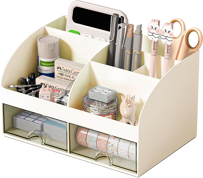 Desk Organizer with 6 Compartments and 2 Drawers, Plastic Makeup Organizer, Pen Holder for Desktop Storage, Desk Organization for School, Home, Office Supplies (Ivory)