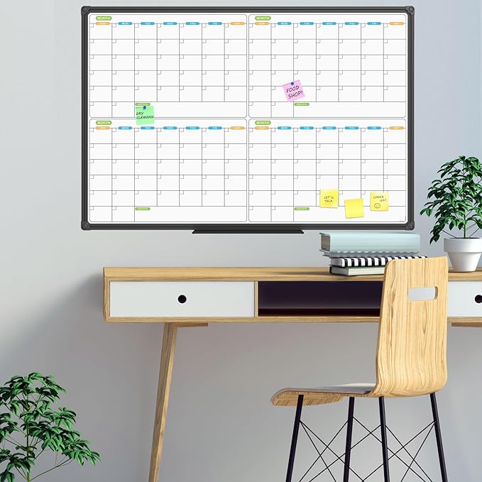 JILoffice Magnetic Dry Erase Calendar Whiteboard, 4 Month White Board Planner 36 X 24 Inch, Black Aluminum Frame Wall Mounted Board for Office Home and School