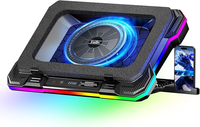 KeiBn Gaming Laptop Cooling Pad, Laptop Cooling Stand with 5.5inch External Cooling Fan, Rapid Cooling Laptop 15.6-19.3inch, Infinitely Variable Speed, 8 Height Stands, 4 USB Ports, Blue