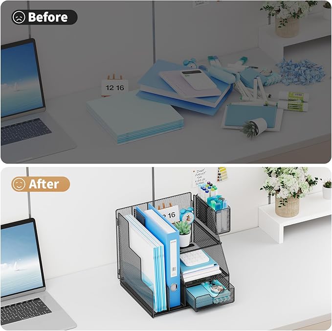 Marbrasse Desk Organizer and Accessories, 3-Tier File Organizer with Drawer and Pen Holder, Small Desktop Organizer and Storage for Workspace Office Supplies Black