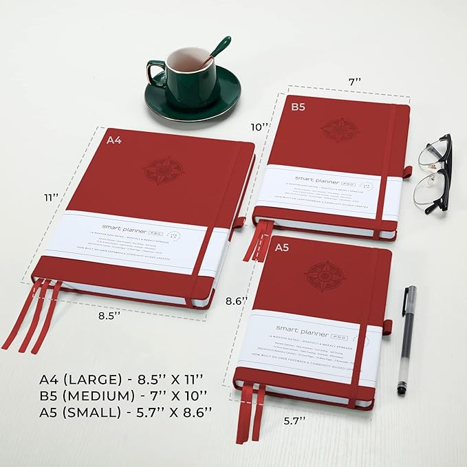 Smart Planner Pro – Undated Daily Planner – Small A5 – Achieve Goals & Increase Productivity – Weekly, Monthly, Work Sections, Organizer Diary with Back Pocket, 3 Satin Bookmarks & Pen Holder