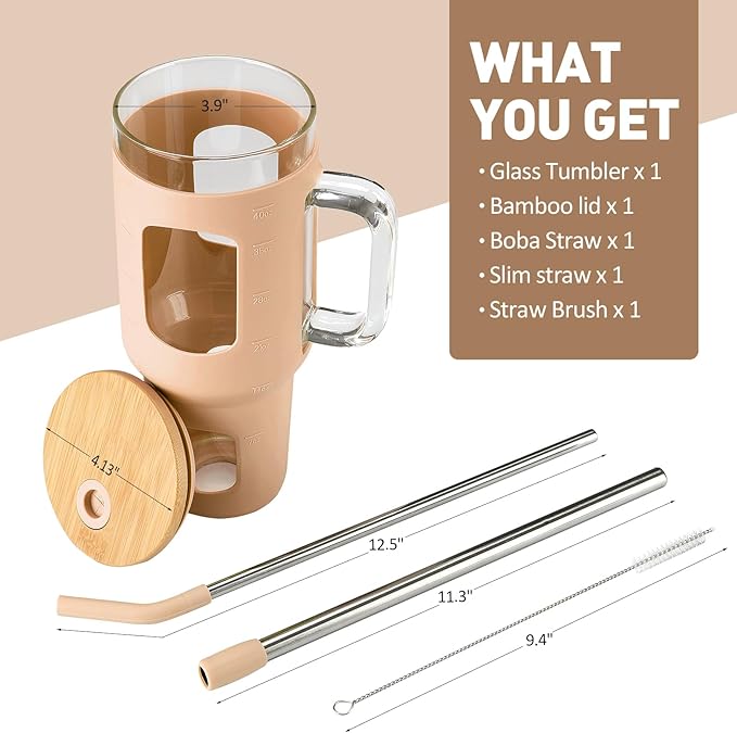 Glass Tumbler with Straw and Lid, 40 oz glass cup with handle, Glass Water Bottles with Time Marker, Silicone Protective Sleeve-Amber