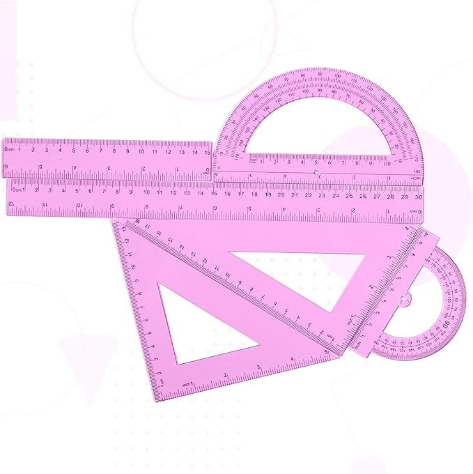 Tenare 6 Pcs Plastic Ruler Math Set Includes 12 Inch 6 Inch Straight Protractor Triangle Geometry Transparent Math Ruler Measuring Tools for School Office Home(Pink)
