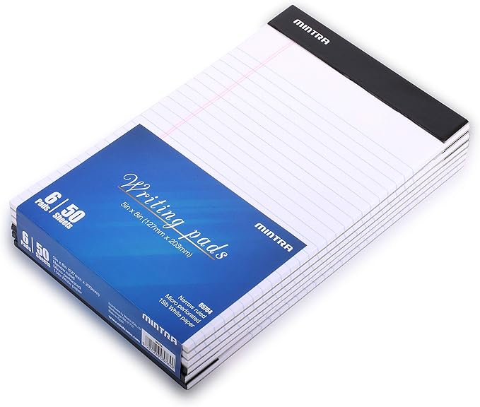 Mintra Office Legal Pads - ((BASIC WHITE 6pk, 5in x 8in, NARROW RULED))