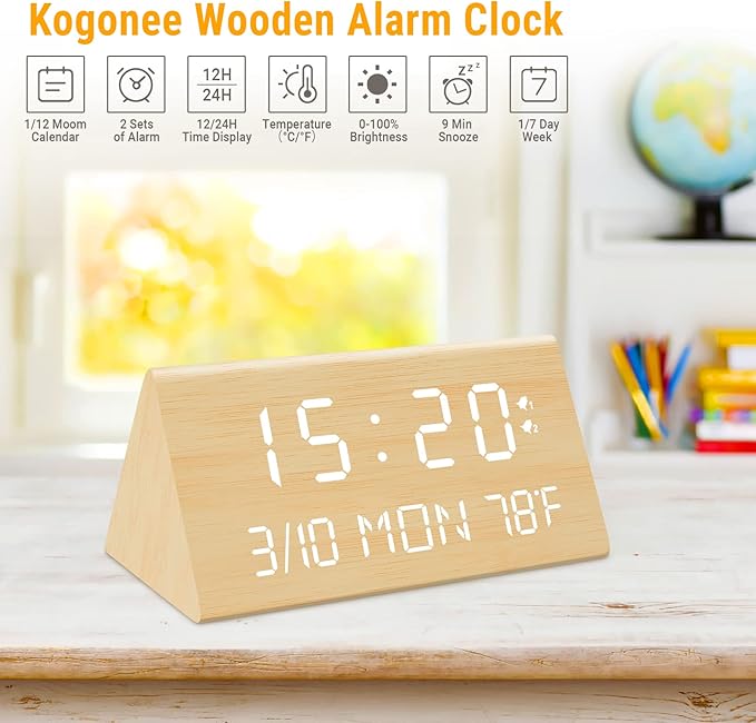 Kogonee Wooden Digital Alarm Clock, 0-100% Dimmer, 2 Alarm Settings, Weekday/Everyday Mode, 9 Mins Snooze, 12/24H, Temperature and Date Display for Office, Travel, Bedroom Alarm Clock (Bamboo)