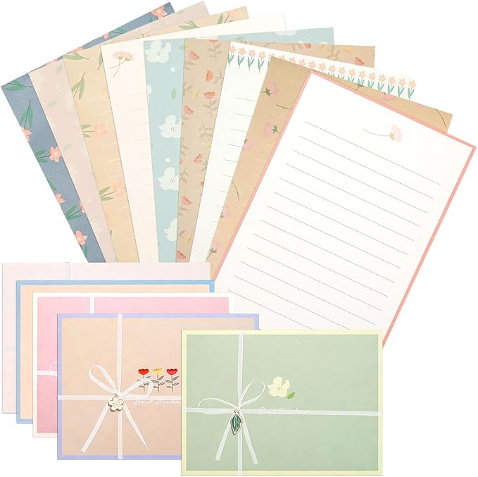 KSIWRE 48 PCS Stationery Paper and Envelopes Set,Cute Floral Stationary Set for Writing Letters,Double Sided Printing,Letter Writing Kit