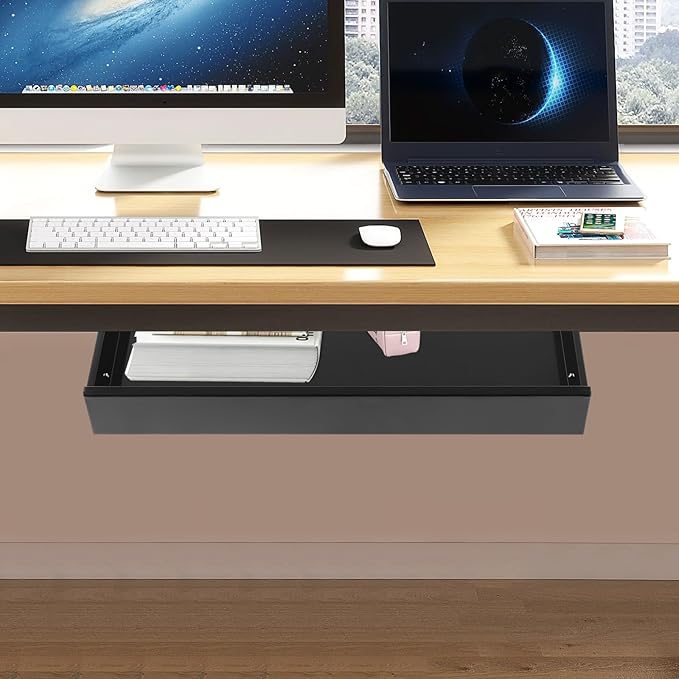 Under Desk Drawer Slide Out For Office Desk, Storage Organizer For Sit Stand Workstation, 22” x 14” x 3”, Black