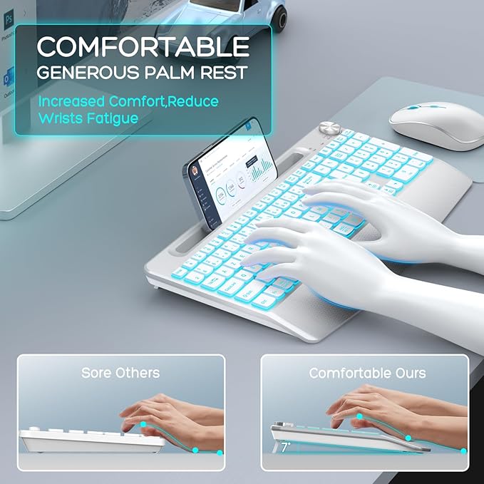 JOYACCESS Ergonomic Wireless Keyboard with Phone Holder,Rechargeable Backlt Wireless Keyboard Mouse Combo with Light Up Keys for for Laptop, PC, Mac, Windows-Silver White